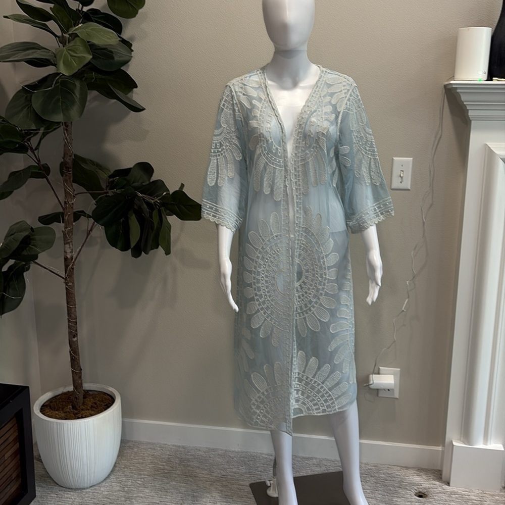 Rebellion Sheer Mesh Embroidered Beach Cover Up Cardigan Size M Blue Long Duster - Picture 7 of 14